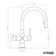 4‑in‑1 kitchen tap brushed brass – specification view showing height approx 400 mm, reach 270 mm and 35 mm tap hole in brushed brass finish