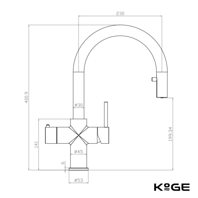 4‑in‑1 kitchen tap brushed brass – specification view showing height approx 400 mm, reach 270 mm and 35 mm tap hole in brushed brass finish