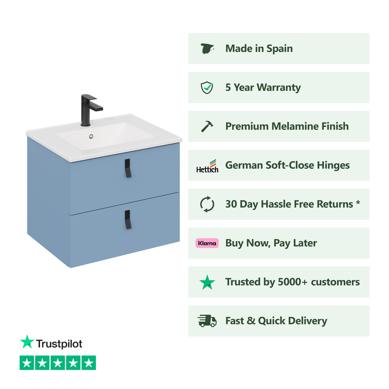 Banyetti Invicta Wall Hung Vanity Unit with Lira Basin - 600mm Powder Blue