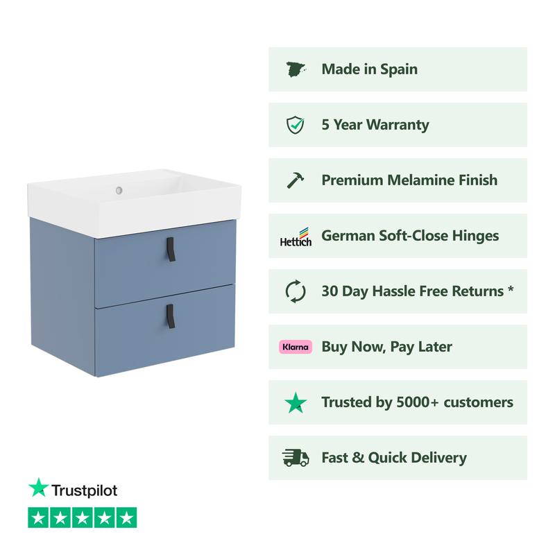 Banyetti Invicta Wall Hung Vanity Unit with Veneto No Tap Hole Basin - 600mm Powder Blue