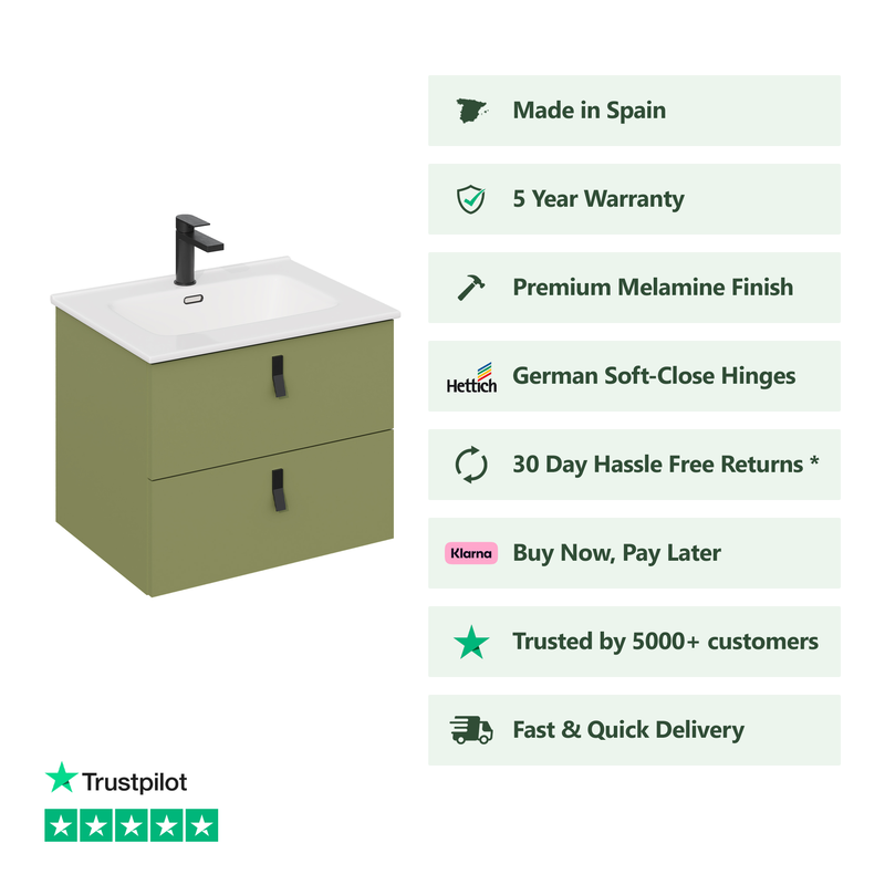 Banyetti Invicta Wall Hung Vanity Unit with Athena Basin - 600mm Sage Green
