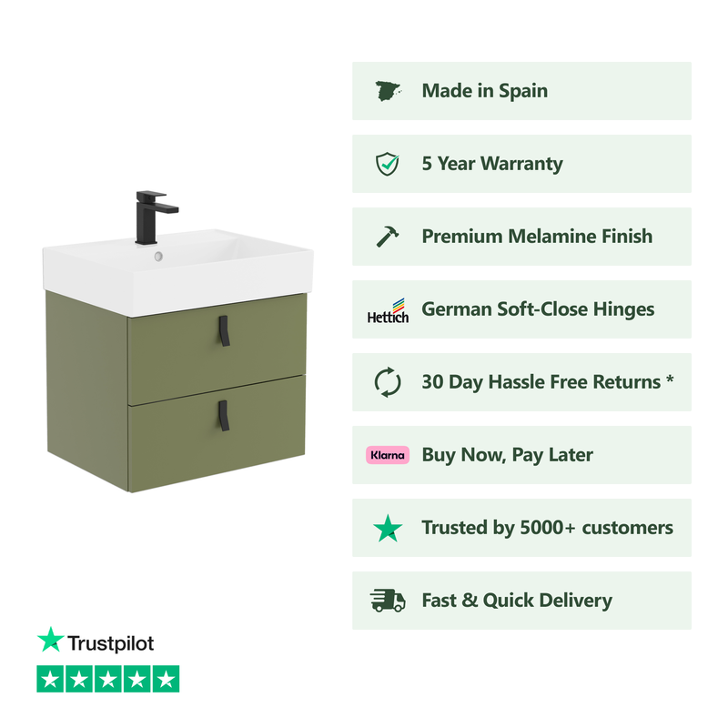 Banyetti Invicta Wall Hung Vanity Unit with Veneto 1 Tap Hole Basin - 600mm Sage Green