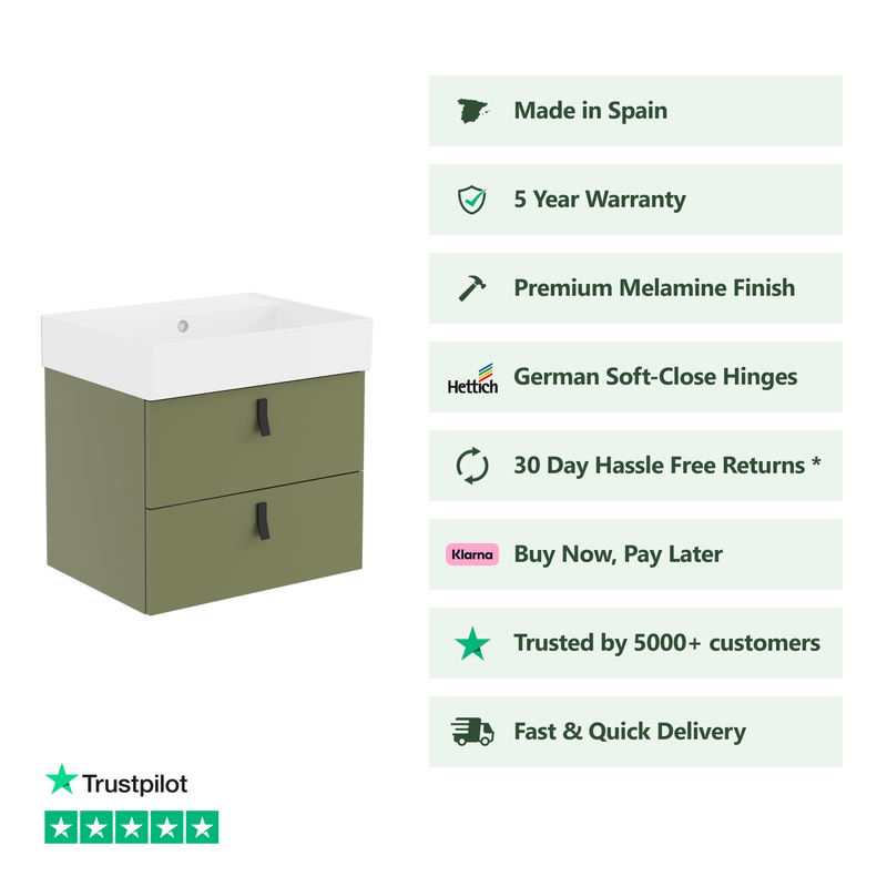 Banyetti Invicta Wall Hung Vanity Unit with Veneto No Tap Hole Basin - 600mm Sage Green