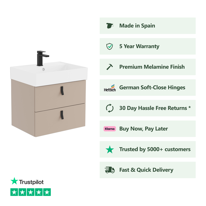 Banyetti Invicta Wall Hung Vanity Unit with Veneto 1 Tap Hole Basin - 600mm Cashmere