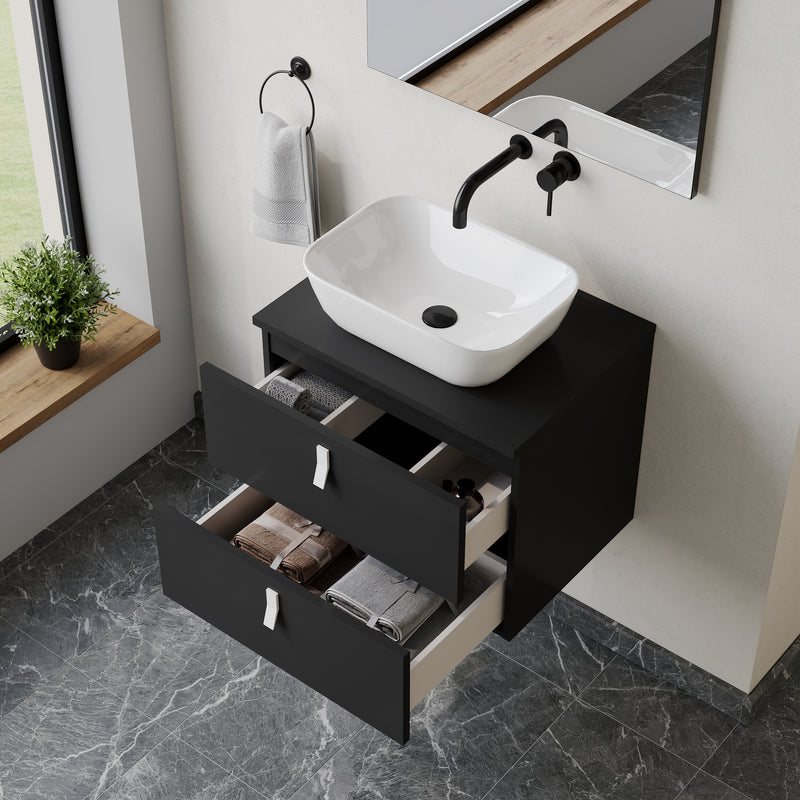 Banyetti Invicta Wall Hung Vanity Unit with Matching Worktop - 600mm Matt Black