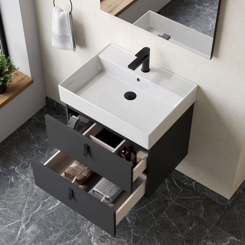 Banyetti Invicta Wall Hung Vanity Unit with Veneto 1 Tap Hole Basin - 600mm Matt Black