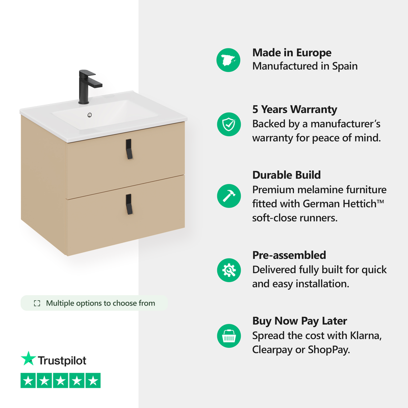 Banyetti Invicta Cashmere Wall Hung Vanity Unit with Matt Black Handles - Select Size