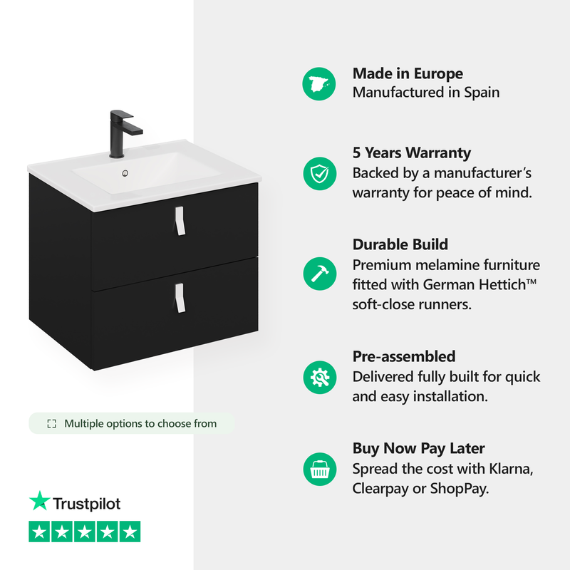 Banyetti Invicta Matt Black Wall Hung Vanity Unit with White Handles - Select Size