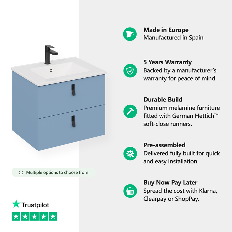 Banyetti Invicta Powder Blue Wall Hung Vanity Unit with Matt Black Handles - Select Size