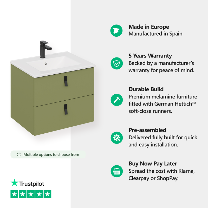 Banyetti Invicta Sage Green Wall Hung Vanity Unit with Matt Black Handles - Select Size