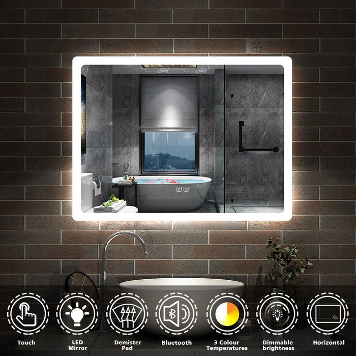 LED bathroom mirror with demister pad & Bluetooth speaker – close-up of built-in demister pad heating zone on mirror surface