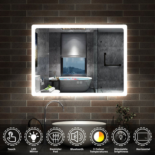 LED bathroom mirror with demister pad & Bluetooth speaker – close-up of built-in demister pad heating zone on mirror surface