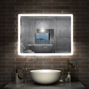 LED bathroom mirror with demister pad & Bluetooth speaker – detail of touch sensor and dimmable LED strip lighting controls
