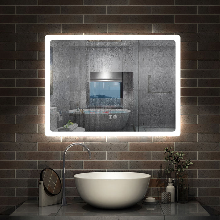 LED bathroom mirror with demister pad & Bluetooth speaker – detail of touch sensor and dimmable LED strip lighting controls