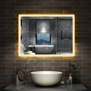 LED bathroom mirror with demister pad & Bluetooth speaker – bathroom installation showing mirror above vanity unit with music streaming via Bluetooth