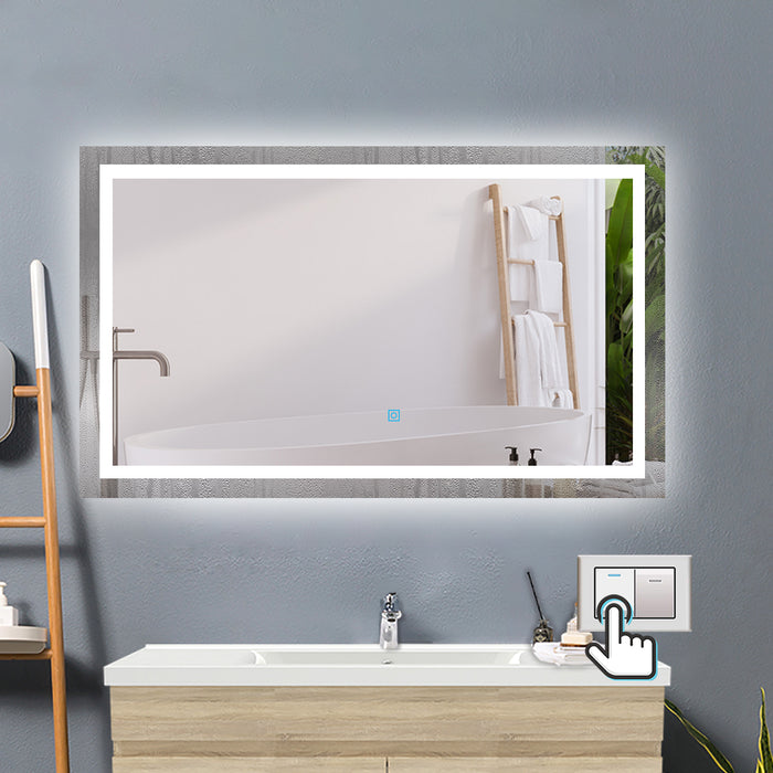LED bathroom mirror with demister – close-up of touch sensor and dimmable LED lighting ring