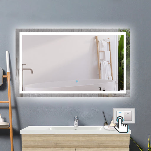 LED bathroom mirror with demister – close-up of touch sensor and dimmable LED lighting ring