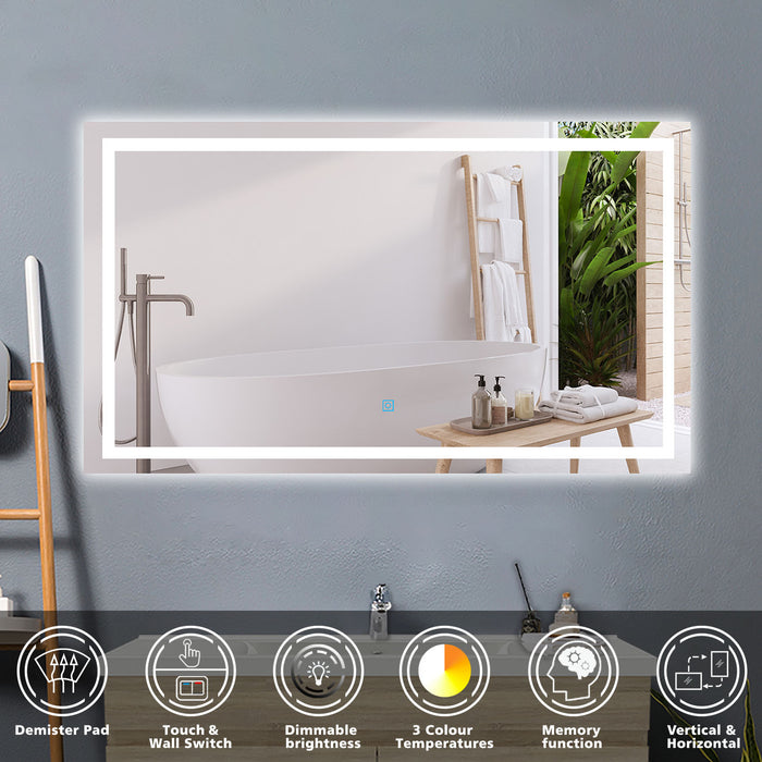 LED bathroom mirror with demister – bathroom scene with mirror switched on, showing clear reflection after steam