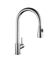 Kitchen sink mixer tap with pull out spray – front view of Optima mixer in chrome finish