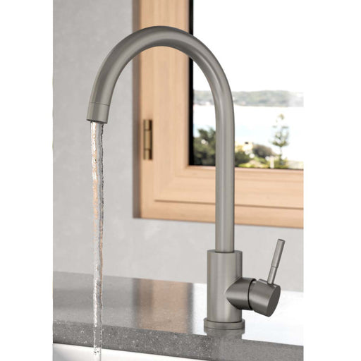 Kitchen mixer tap brushed stainless steel – front view of HB Manhattan mixer tap in brushed stainless steel finish