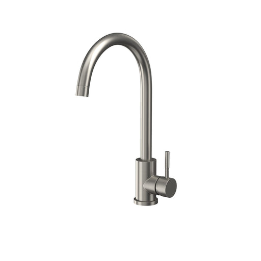 Kitchen mixer tap brushed stainless steel – close‑up showing single‑lever handle and curved swan‑neck spout in brushed stainless steel finish