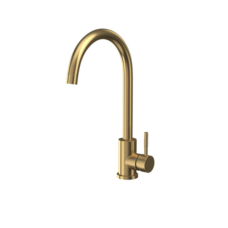 Kitchen tap brushed brass – close‑up showing single‑lever handle and elegant swan‑neck spout in brushed brass
