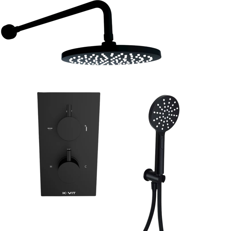 KV Nero Round Thermostatic Concealed Shower with Overhead Drencher and Handset
