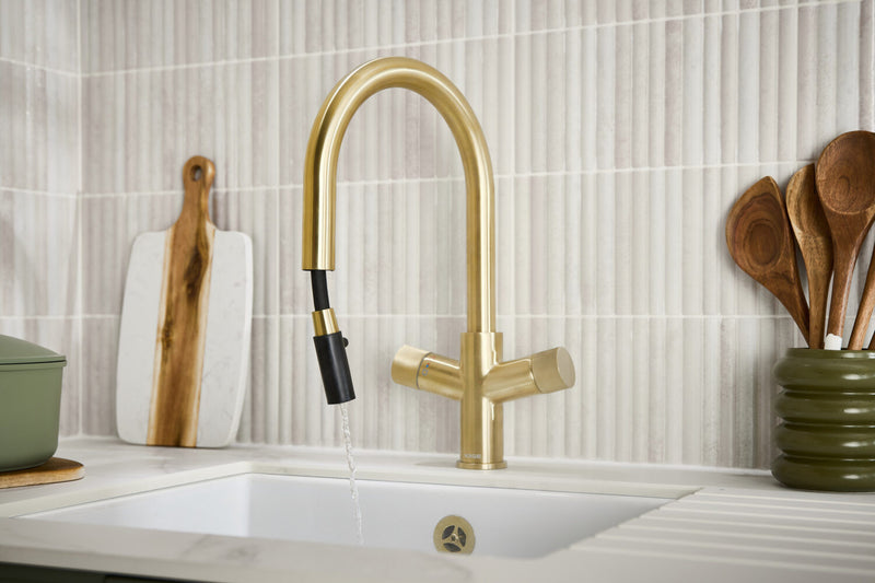 HB KoGE Brushed Brass 4 in 1 Swan Spout Boiling Water Kitchen Tap & Boiler with Flexible Pull Out Hose