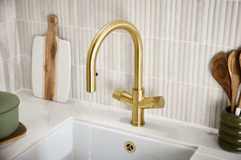 HB KoGE Brushed Brass 4 in 1 Swan Spout Boiling Water Kitchen Tap & Boiler with Flexible Pull Out Hose