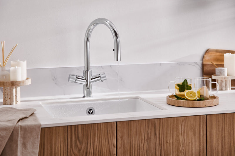 HB KoGE Chrome 4 in 1 Swan Spout Boiling Water Kitchen Tap & Boiler with Flexible Pull Out Hose