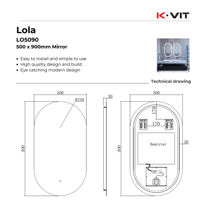 KV Lola 900 x 500mm Curved LED Mirror – 3 Tone Light, Demister, Sensor Switch