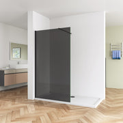 Linea black framed smoked glass wet room screen with 8mm Easy Clean tempered safety glass and matt black frame
