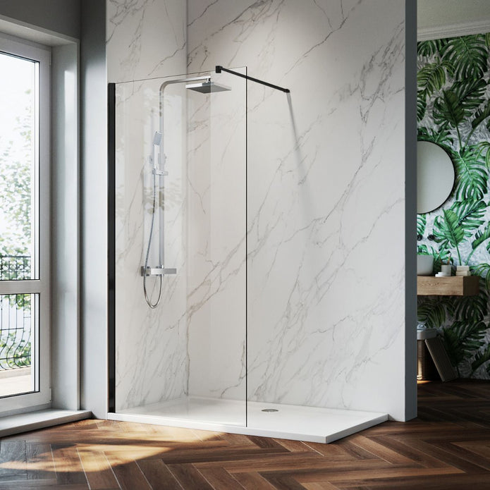 Linea black framed walk-in shower panel with 8mm EasyClean tempered clear safety glass and matt black frame