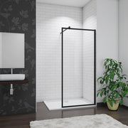 Linea black framed walk-in wetroom screen panel with 8mm EasyClean tempered safety glass and matt black frame