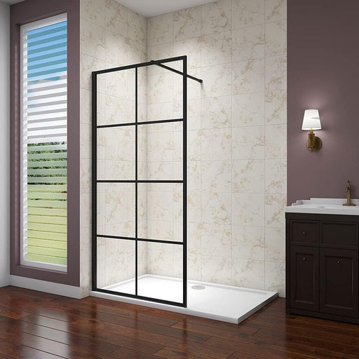 Linea black grid walk-in shower panel with 8mm EasyClean tempered safety glass and matt black aluminium frame