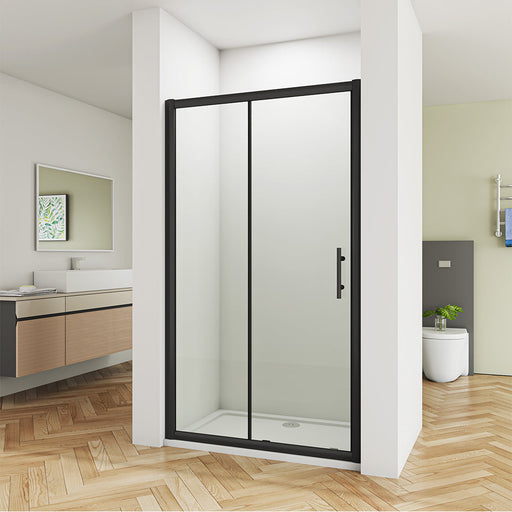 Linea black sliding shower door with 8mm Easy Clean tempered safety glass and matt black aluminium frame