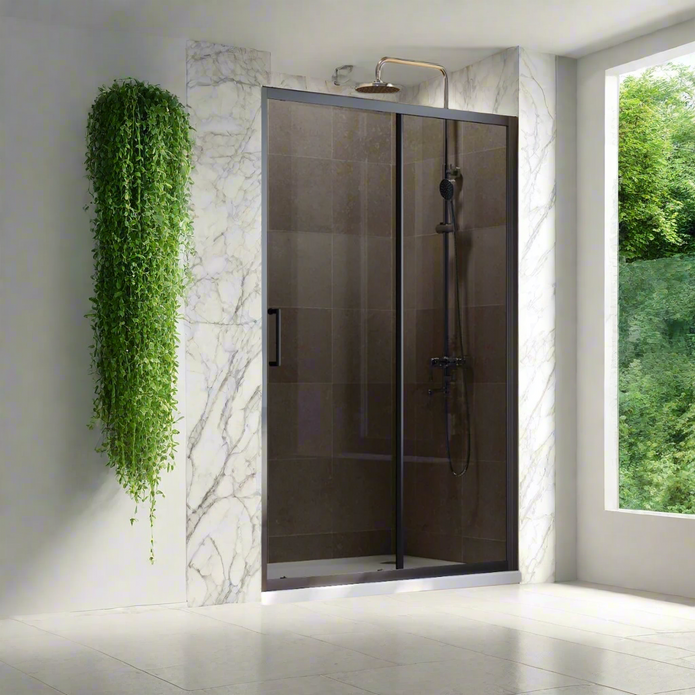 Linea black sliding shower door with 8mm smoked Easy Clean safety glass and matt black frame for modern UK bathrooms
