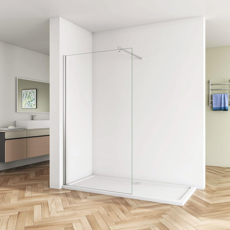 Linea chrome framed walk-in shower panel with 8mm EasyClean tempered clear safety glass and polished chrome frame