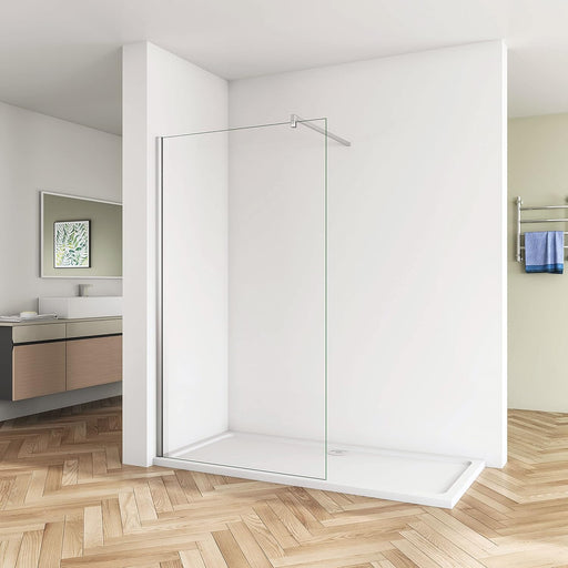 Linea chrome framed walk-in shower panel with 8mm EasyClean tempered clear safety glass and polished chrome frame