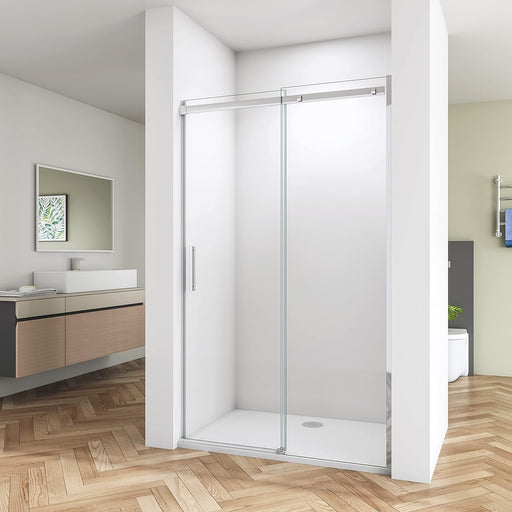 Linea chrome frameless sliding shower door with 6mm clear tempered safety glass for modern UK bathrooms