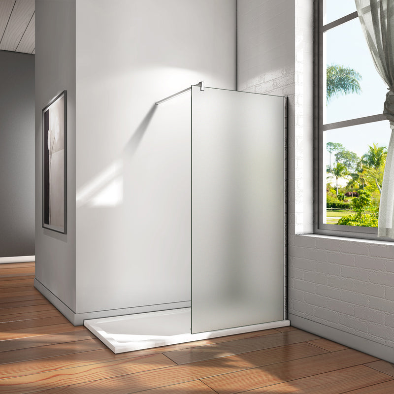 Linea chrome frosted glass walk-in shower panel with 8mm EasyClean tempered safety glass and polished chrome frame