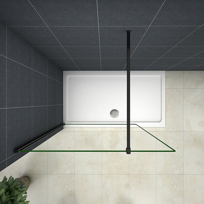 Black framed walk-in shower screen with clear 8mm tempered safety glass