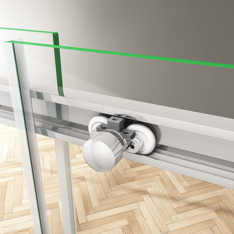 Luxury frameless chrome sliding shower door with polished chrome hardware and clear safety glass