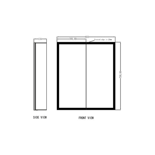 LED mirror cabinet with demister pad & shaver socket – specification graphic of HB Mia mirror cabinet highlighting dimensions 800 mm width × 700 mm height and depth approx 135 mm