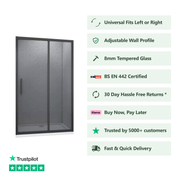 Front view of Linea black framed sliding shower door with 8mm smoked tempered glass and modern black aluminium frame