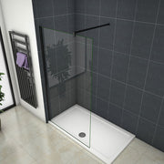 Close-up of matt black aluminium frame with 8mm EasyClean clear glass walk-in shower panel