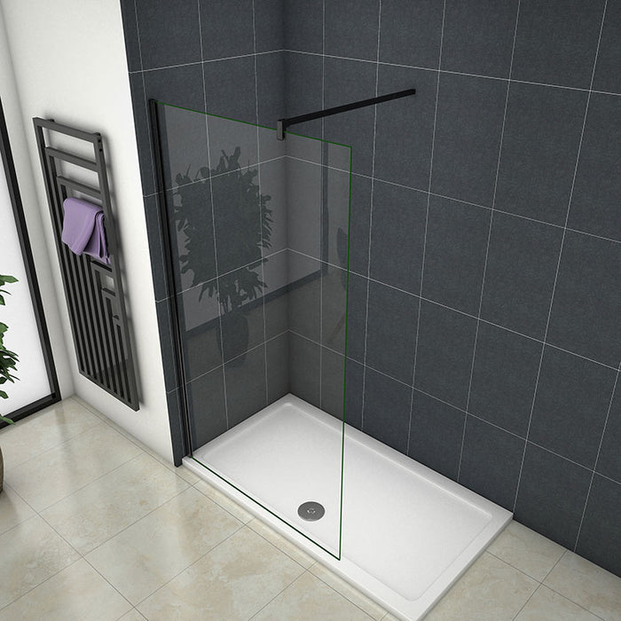 Close-up of matt black aluminium frame with 8mm EasyClean clear glass walk-in shower panel
