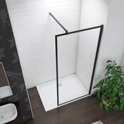 Close-up of the matt black aluminium frame, clear glass and premium finish on the Linea wetroom screen