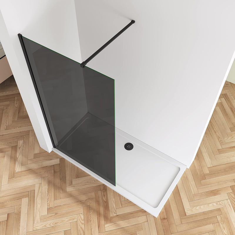 Close-up of the matt black aluminium frame and 8mm smoked Easy Clean shower glass