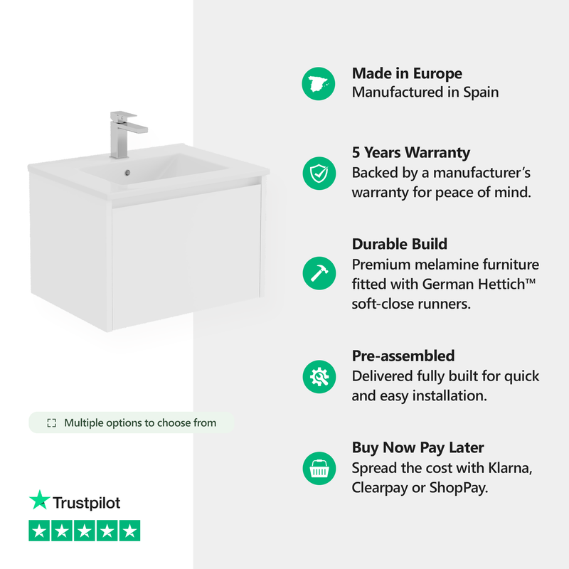 Banyetti Mino Gloss White 1 Drawer Wall Hung Vanity Unit – Select Size